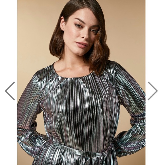 Marina Rinaldi Midi Metallic Silver Pleated Dress Size 8 Party New Years - Picture 5 of 12
